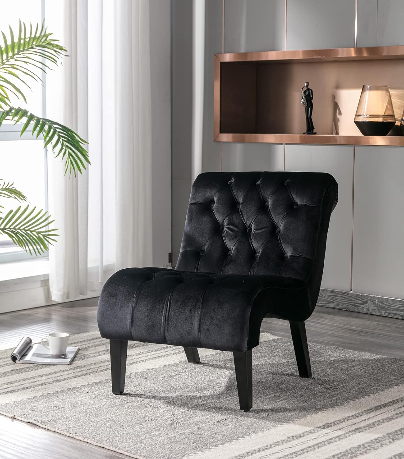 Comfy Velvet Accent Chair Set of 2, Upholstered Armless Side Chair for Living Room, Modern Small Lounger with Tufted Back and Rolled Edge Design, Comfy Chaise Lounge with Rubber Wood Legs, Beige