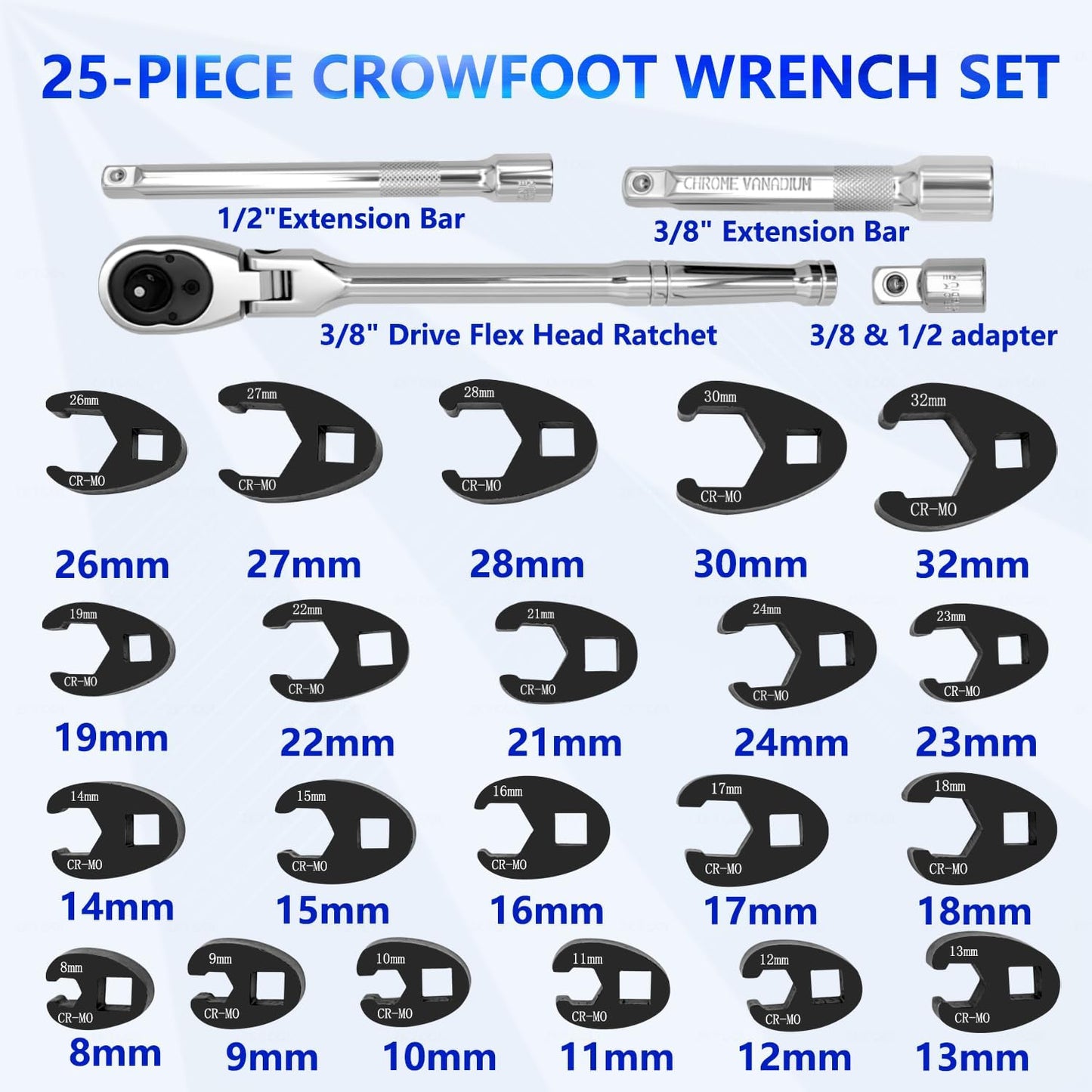 25Pcs Crows foot Wrench Set 1/2" and 3/8” Drive Flare Nut Crowfoot Wrench Set Metric 8-32mm 6 Point Crows Feet Wrench