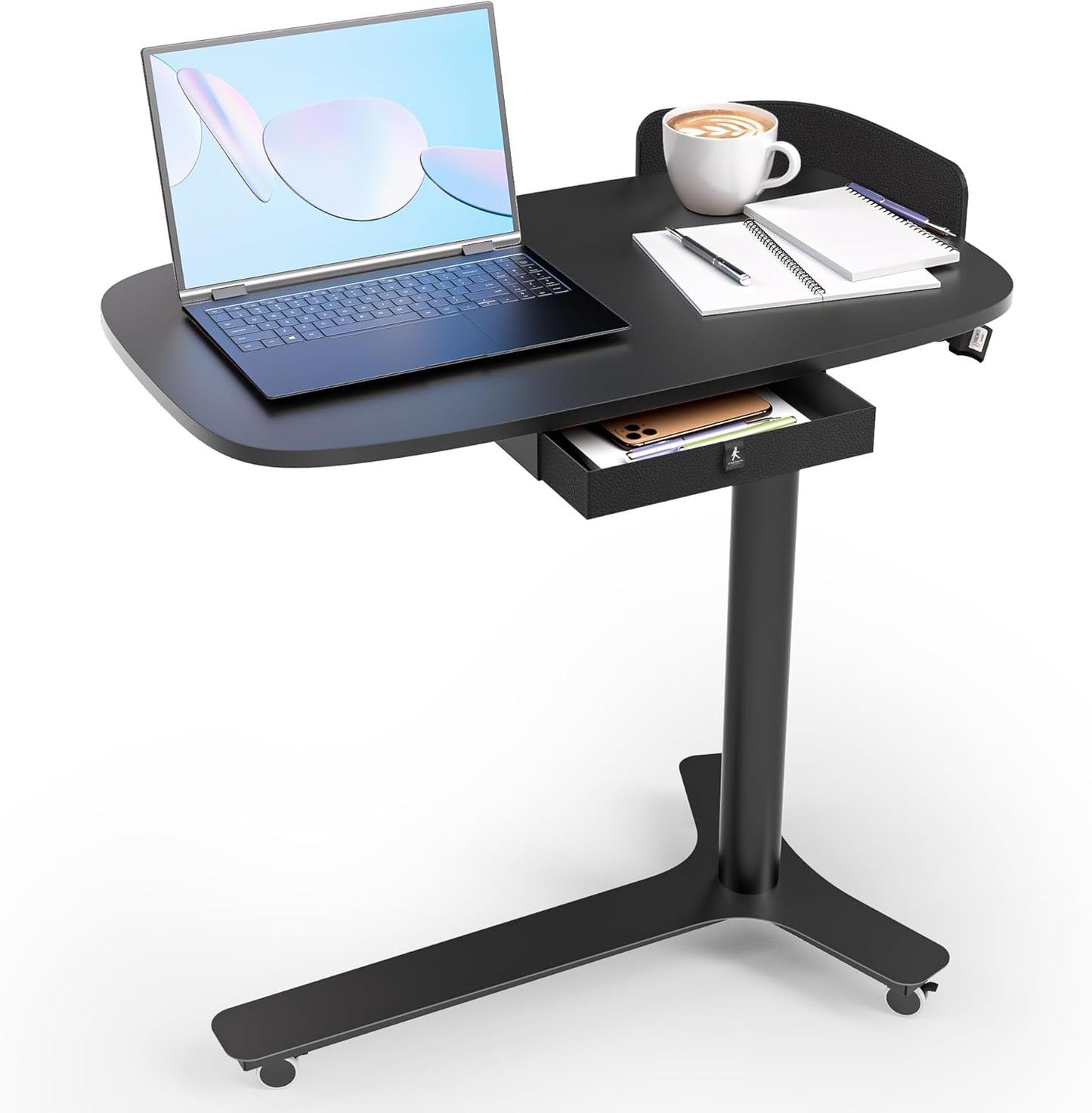 Rolling Desk Adjustable Height with Drawer and Wheels, Portable Small Standing Desk Pneumatic for Home Office, Mobile Computer Laptop Desk Cart, Medical Sofa Overbed Table, Oak