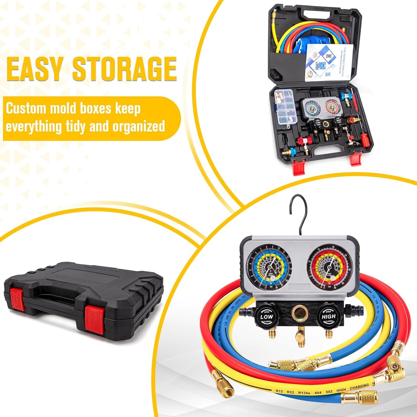 CMOOD AC Gauge Set R1234yf R134a Manifold Gauge Set for R1234yf R134a R404a Refrigerants, Automotive AC Manifold Gauge Set with Hoses Quick Couplers for Car Freon Charging & Evacuation