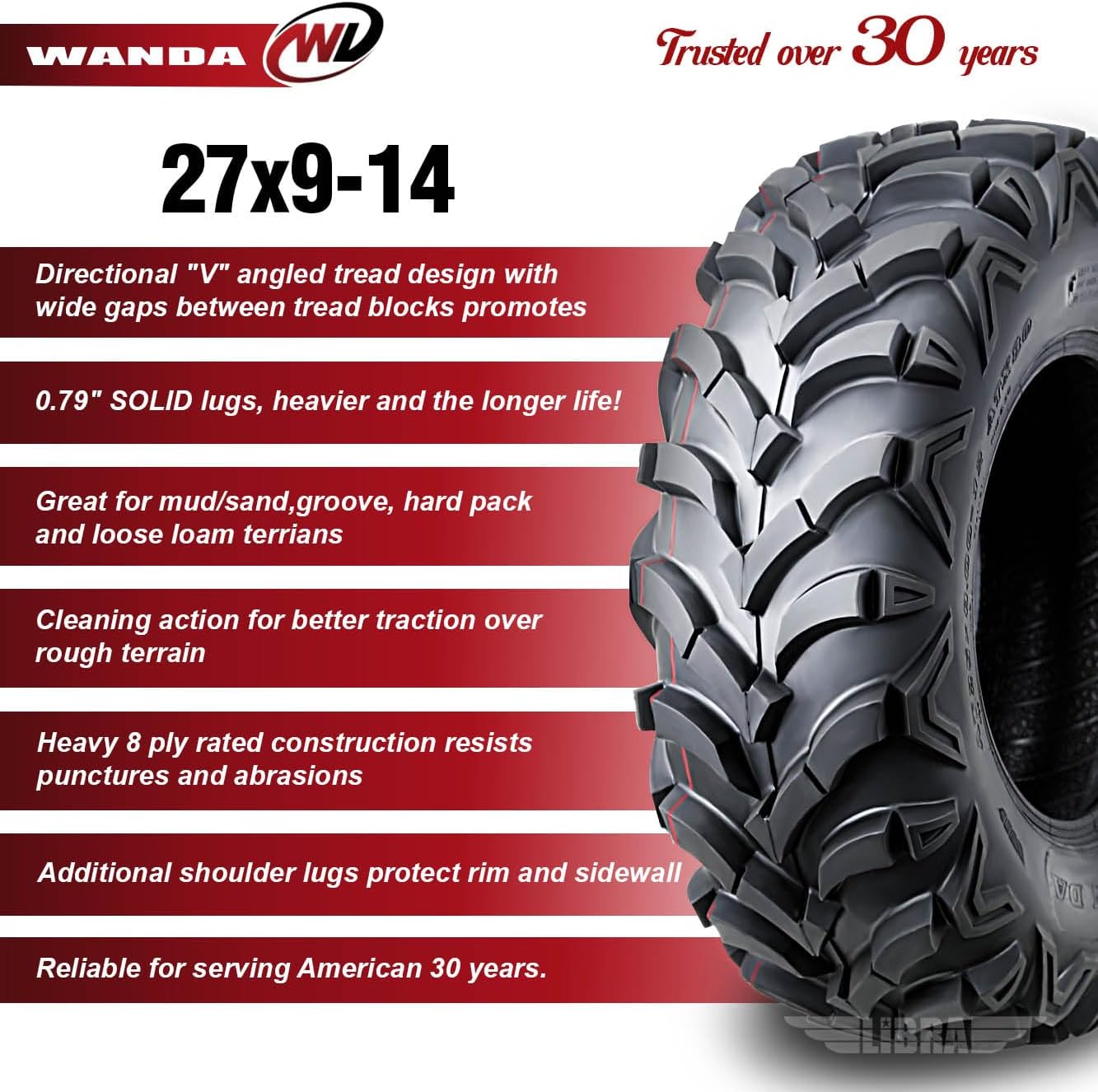 WANDA (Set 2) UTV ATV Tires 27x9-14 27x9x14 8-Ply Solid Mud 20mm tread
