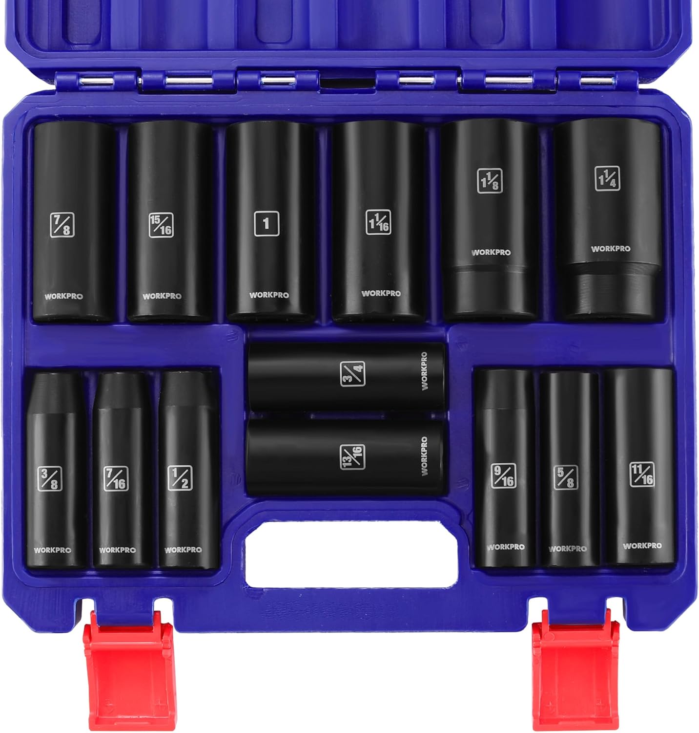 WORKPRO 14-Piece 1/2＂ Drive Deep Impact Socket Set, 6-Point Impact Deep Socket Set with Heavy Duty Storage Case for Automotive and Mechanical Repairs, 10mm-27mm, Cr-V Steel, Metric