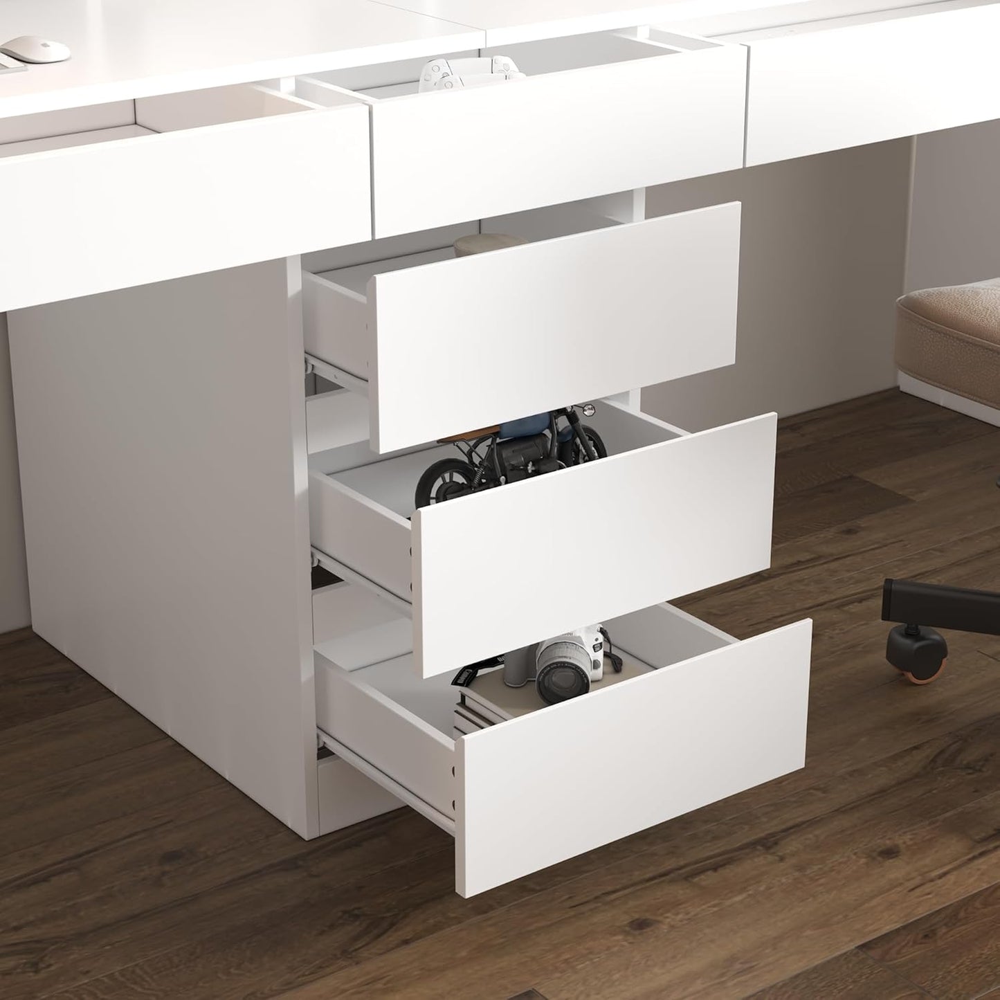 WOODTIME Large Two Person Computer Desk with Bookshelf, Study Writing Gaming Table Workstation with 6 Drawers & 15 Shelves for Home Office, White