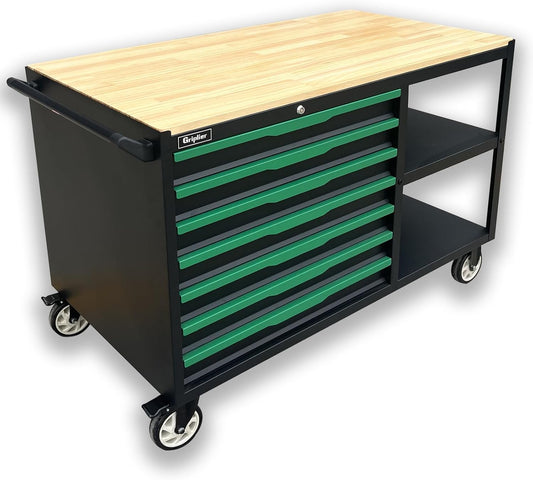 7-Drawers Professional Tool Cart Cabinet,Rolling Tool Chest with Double Shelves,Wood Workbench,Brake Wheels,51.1W x 18.9D x 32.3H inches for Garage, Workshop, or Outdoor Use(7 Drawers)