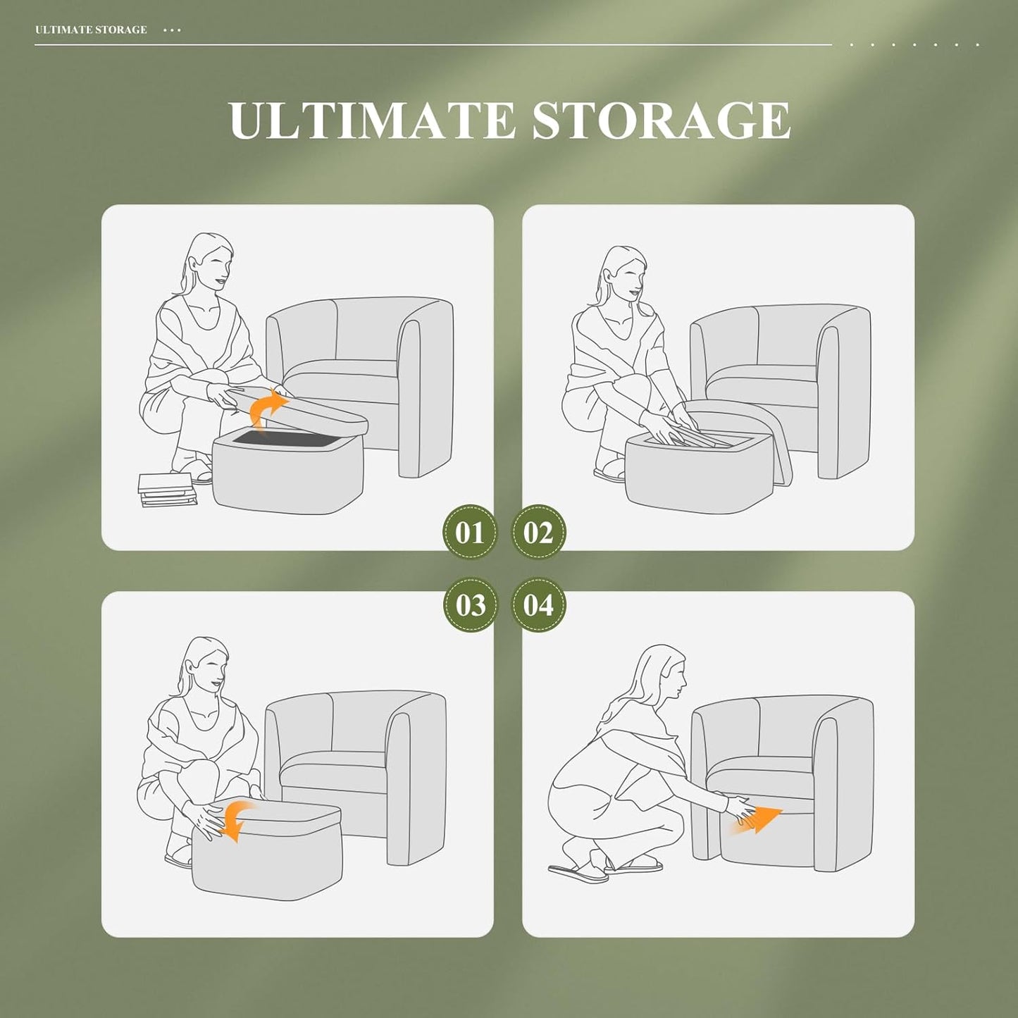 COLAMY Upholstered Velvet Barrel Accent Chair with Storage Ottoman Set of 2, Morden Living Room Side Chair, Single Sofa Armchair with Lounge Seat for Bedroom/Office/Reading Spaces, Green