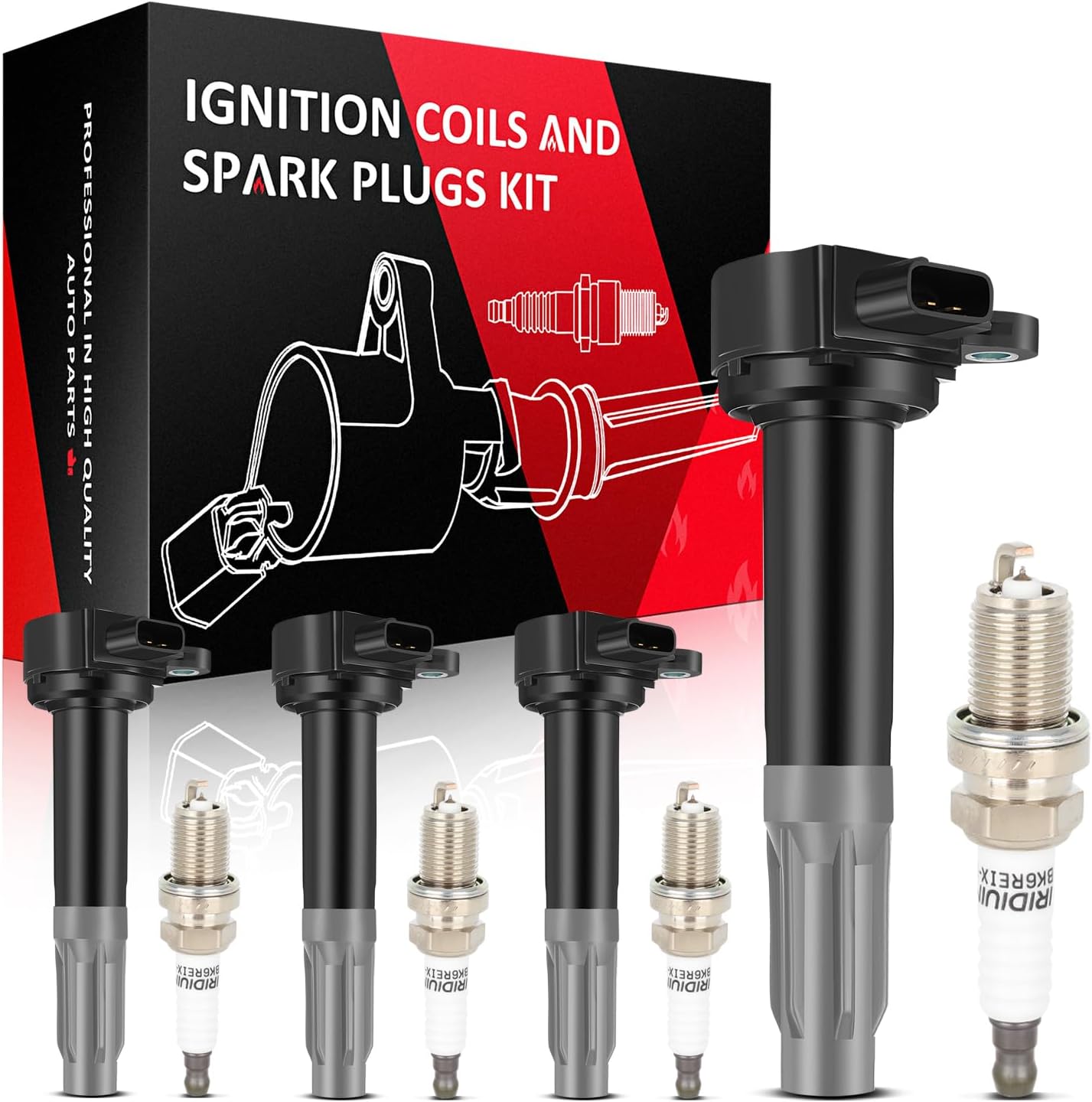 SCITOO ignition coils 4+Spark Plugs 4 4pcs Replacement for P-assat 1.8L 2001-2005,for J-etta 1.8L 2001 2002 2003 2004 2005,for A-udi A4 1.8L 2001-2007 Replace UF411 UF-437, UF-580, CO044