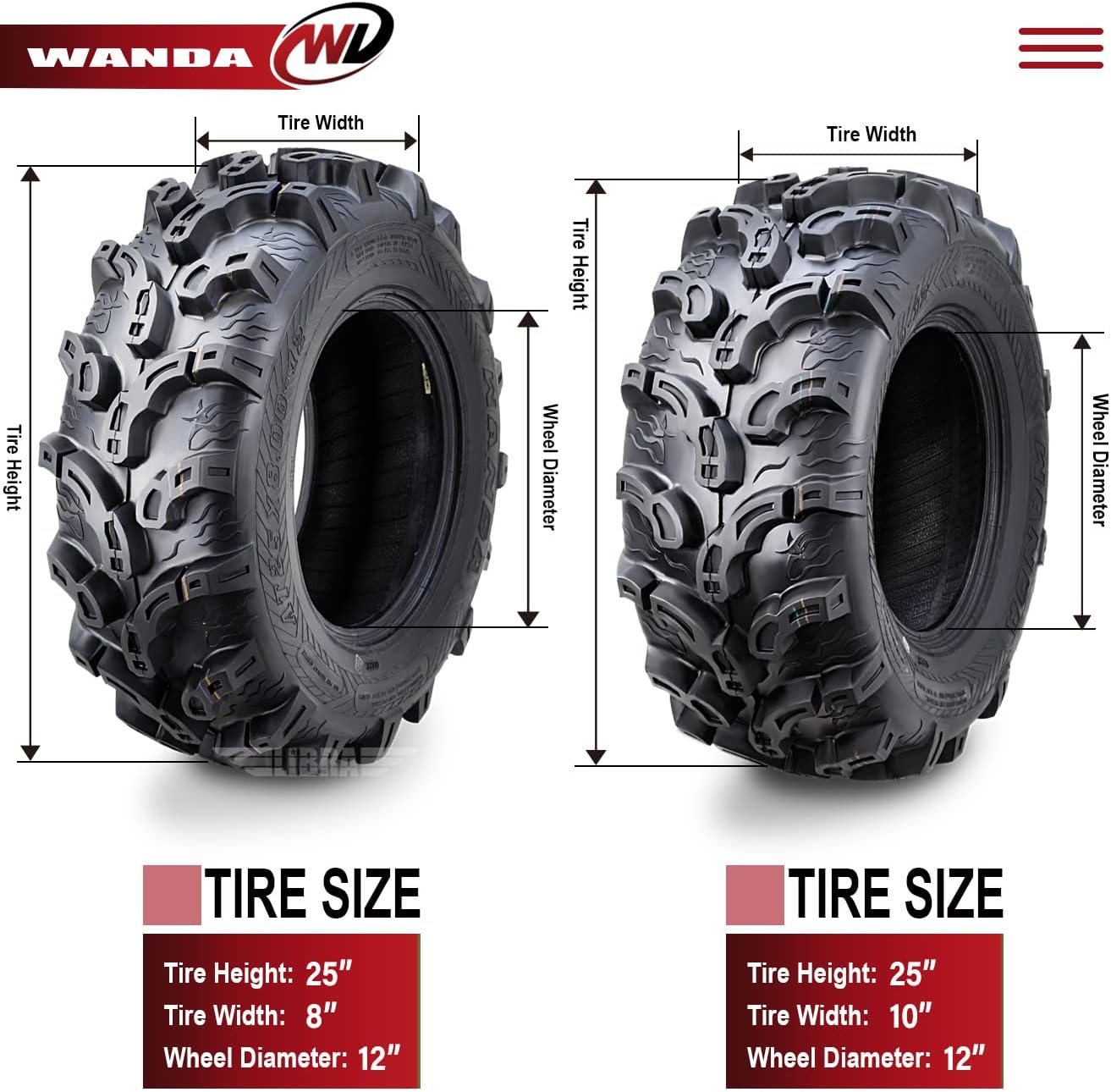 WANDA 25X8X12 25X10X12 fit 04-07 Suzuki EIGER 400 VINSON 500 TWIN PEAKS 700 ATV Tire Set Super Mud, Set of 4