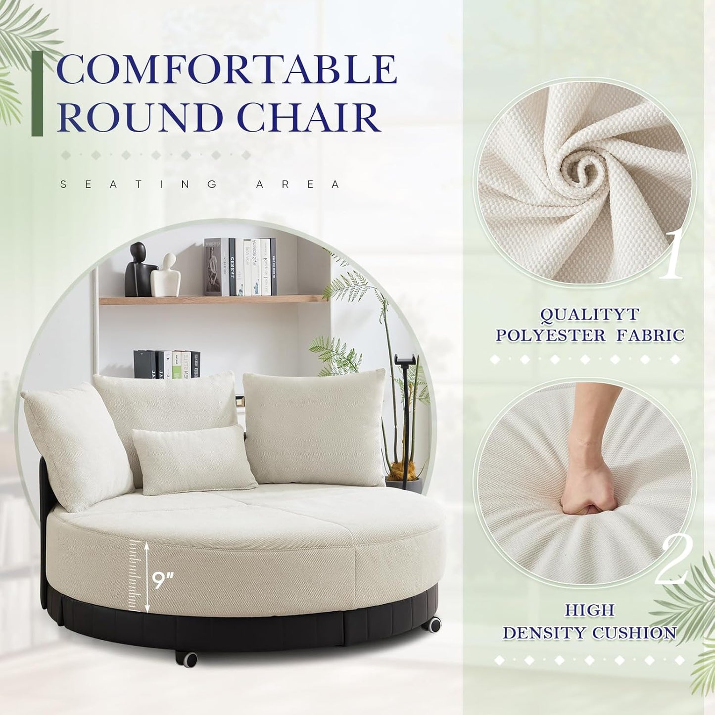 SLEERWAY Oversized Round Swivel Accent Chair, Large Circle Barrel Chair and A Half, Comfy Upholstered Lazy Sofa Couch with Phone Stand/Wheels, Chaise Lounge Daybed for Living Room, Bedroom, Beige