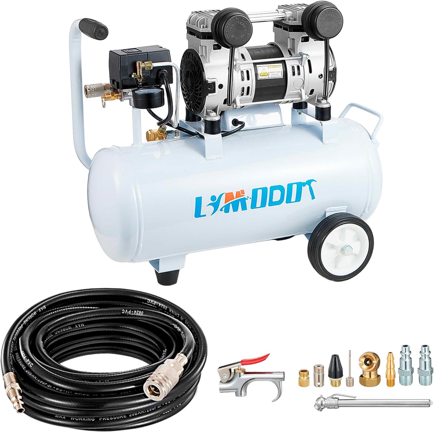 Ultra Quiet Air Compressor, Only 60dB, 1 Gallon Steel Tank, Oil-Free, Electric Air Compressor Perfect for Woodwork Nailing, Garage, Car, Pneumatic Tool, Includes 25 Ft. Air Hose Kit