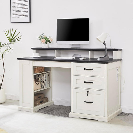 55" Farmhouse Executive Desk with Charging Station,Home Office Desk with 2 Drawers,Lockable File Cabinet and Side Bookshelf,Farmhouse Computer Desk with Monitor Stand