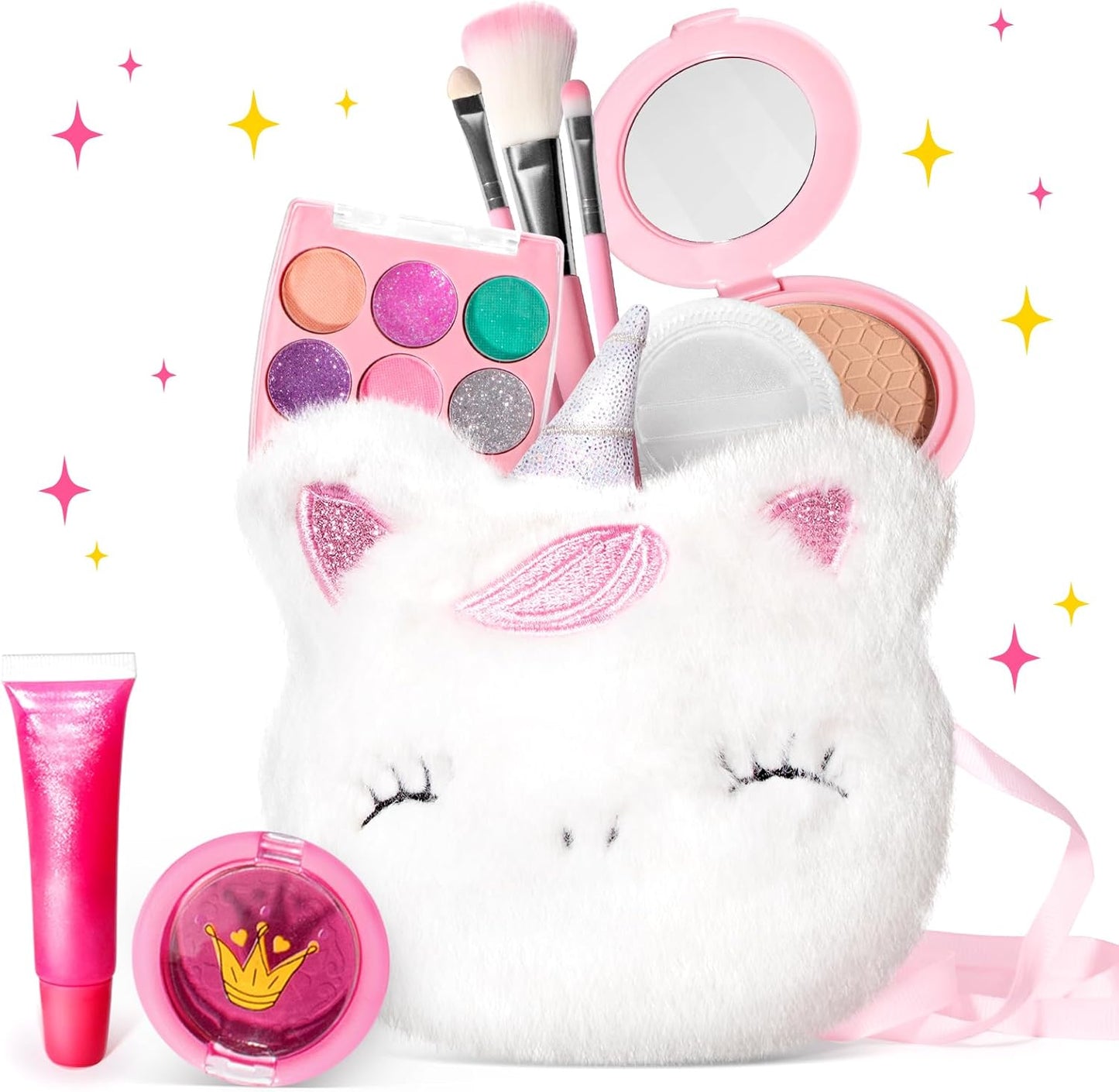 ULOVEME Kids Real Makeup Kit for Girls with Fluffy Purse - Real, Non Toxic, Washable Make Up Toy - Umicorn Toys Gift for 3 4 5 6 7 8 Years Old Girls Birthday (Pink Umicorn)