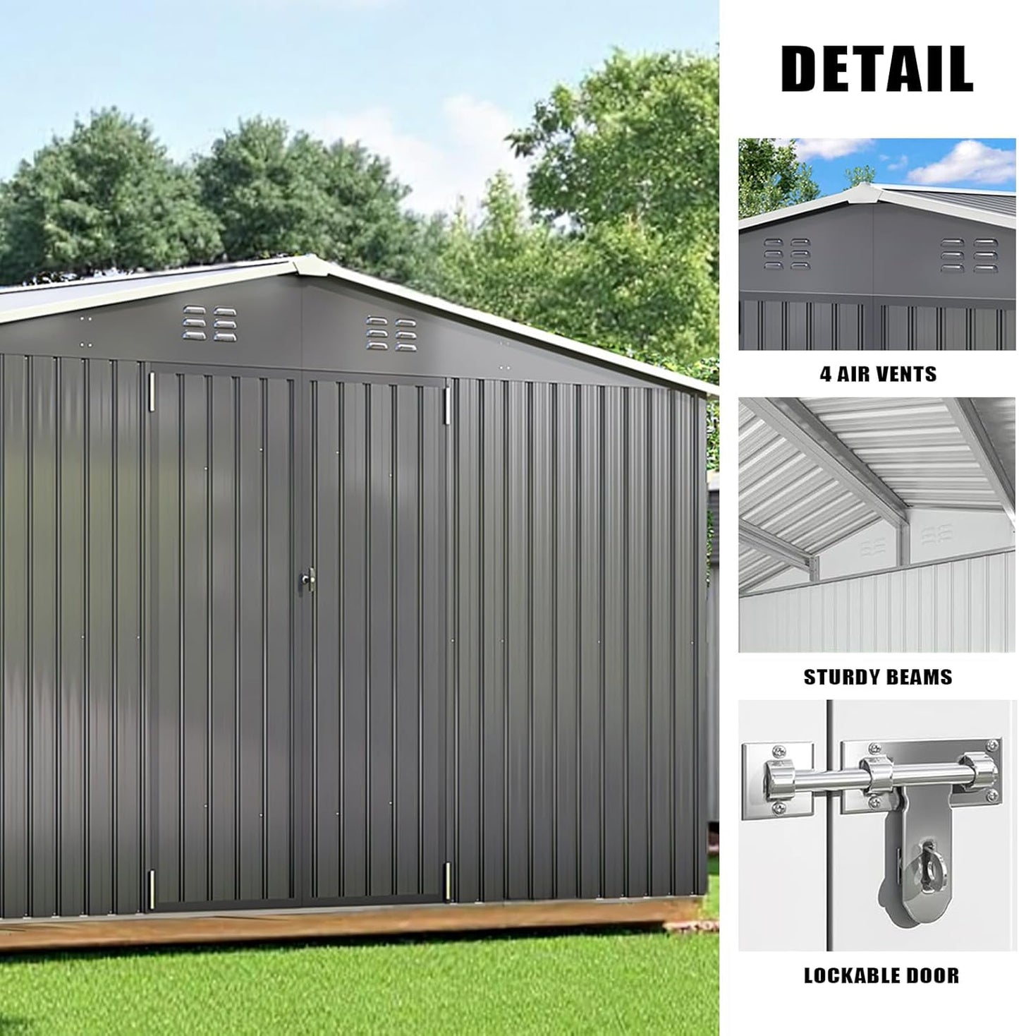 10 x 12 FT Outdoor Storage Shed, Metal Waterproof Storage Shed Steel Utility Garden Tool Shed with Door & Lock Outdoor Storage for Garden Patio Lawn Poolside Black