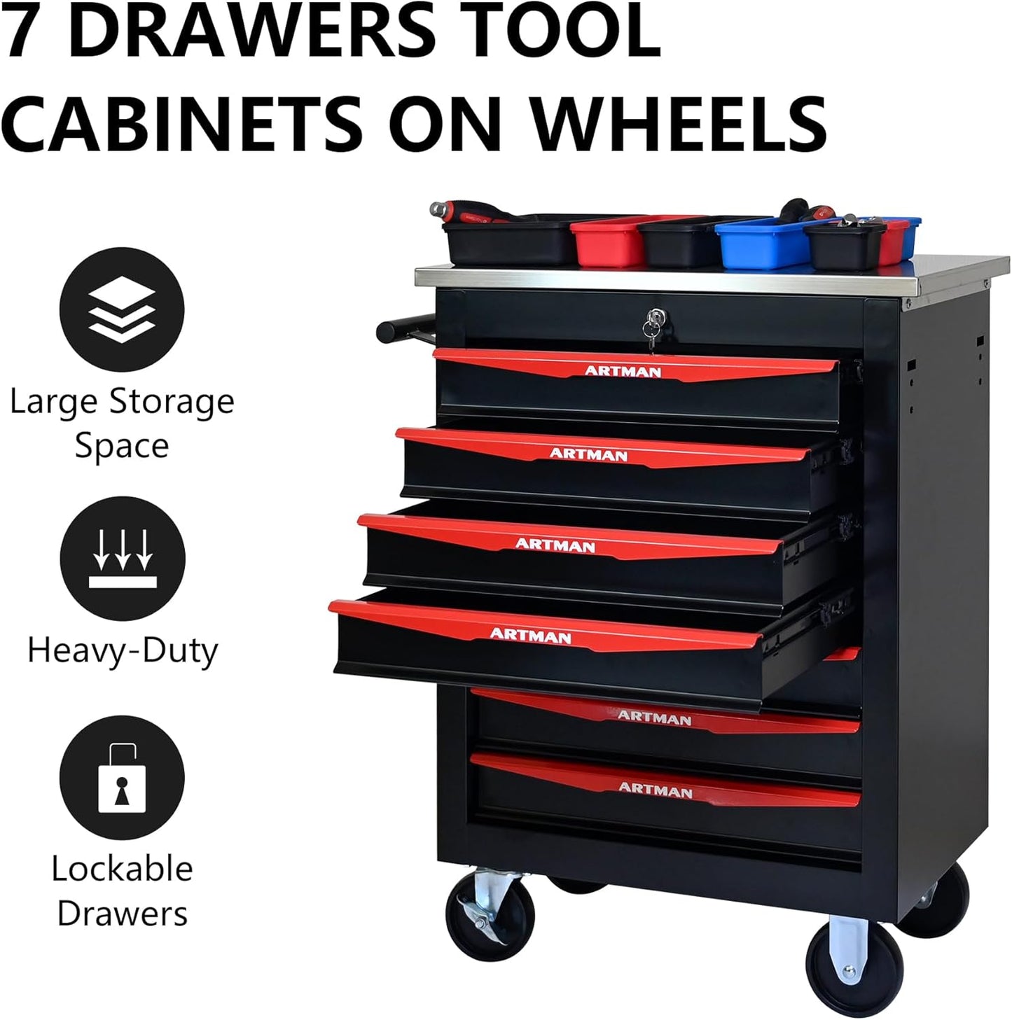RYH 4/5/6/7 Drawer Heavy-Duty Rolling Tool Cart with Wheels & Lockable Drawers, Mobile Tool Chest with Stainless Steel Worktop, Ball-Bearing Slides for Garage,Tool Storage (Black, 7-Drawers)