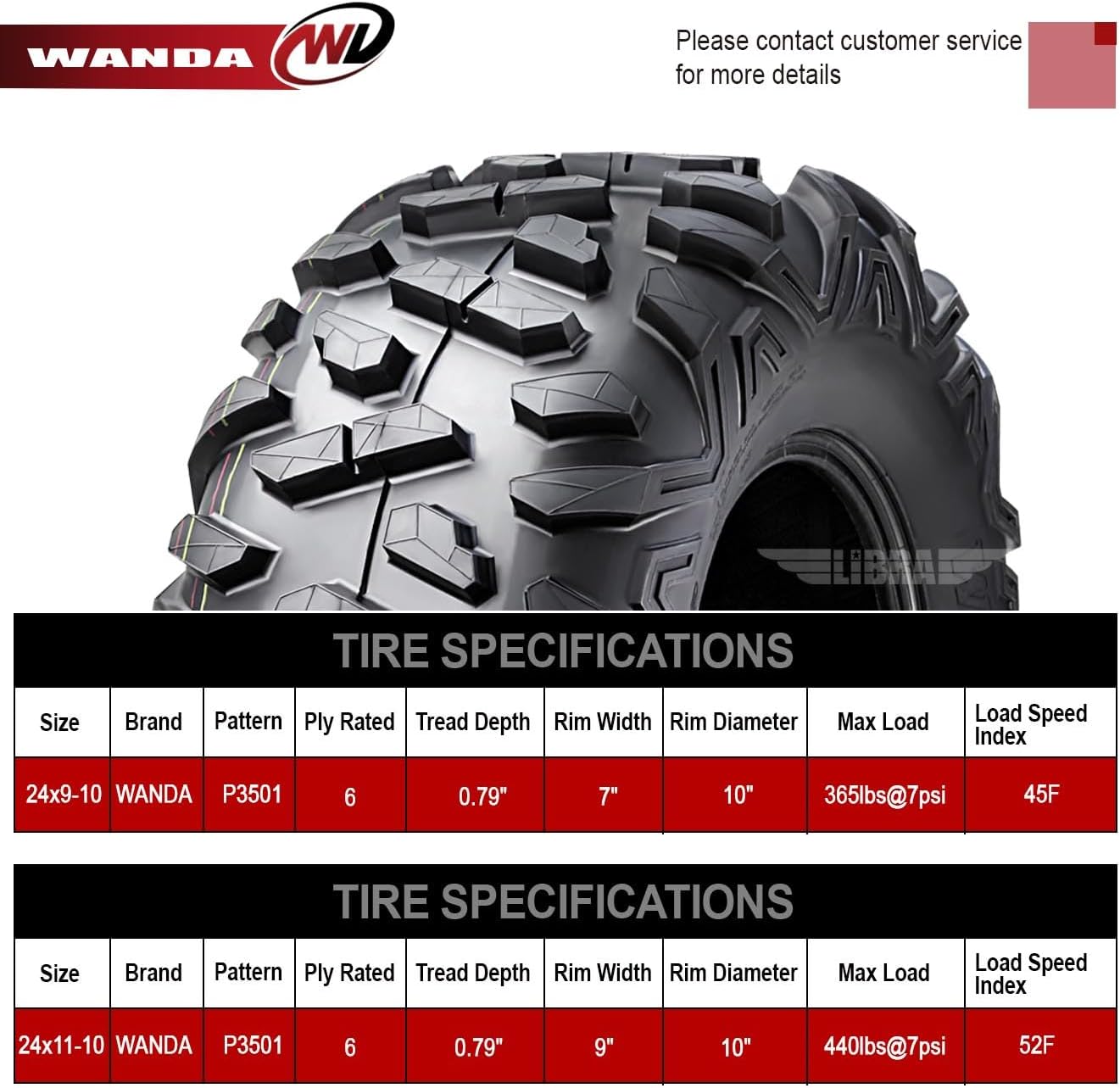 WANDA Set 4 UTV ATV Tires 24x9-10 & 24x11-10 Bighorn Style 6PR...