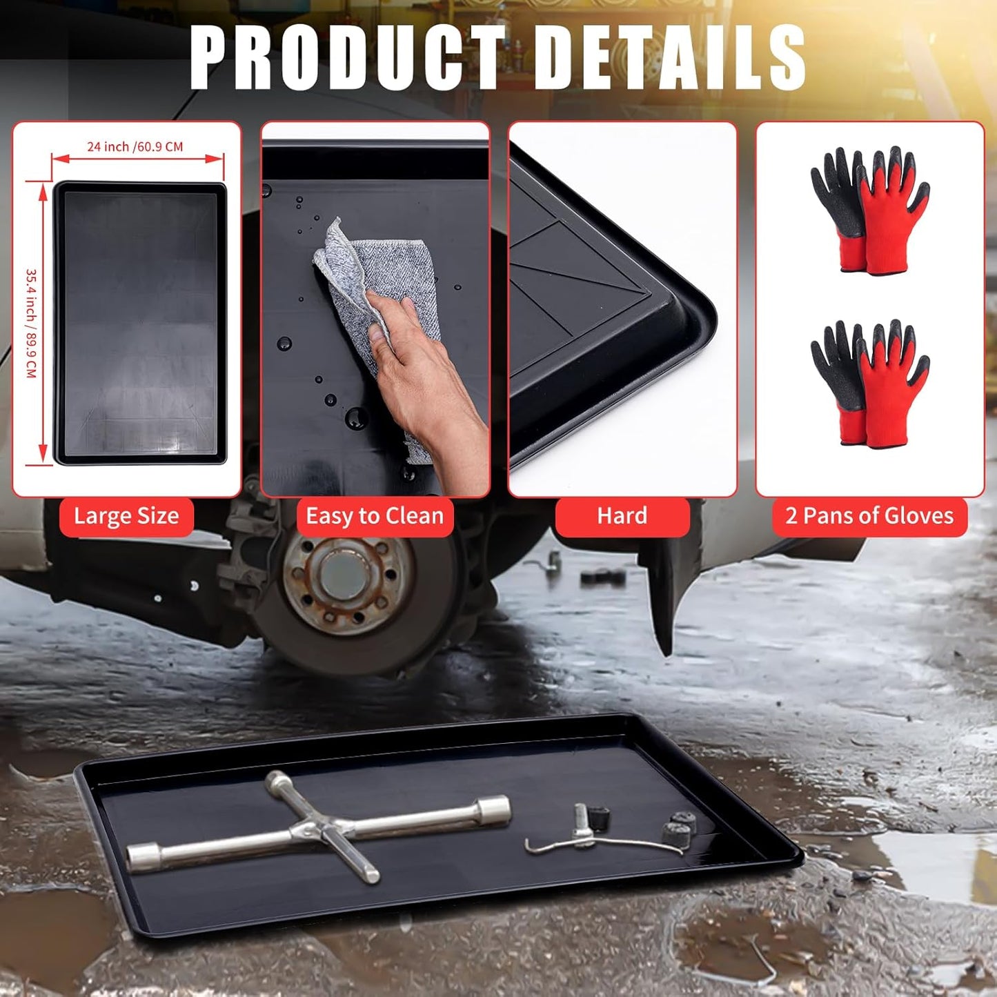 3 Pcs Extra Large Oil Drip Pan for Car - 35.4 x 24 x 1.5 Inches Plastic Auto Oil Catch Tray with 2 Pairs of Gloves, Engine Oil Spill Catcher for Garage, Leak Prevention & Easy Storage