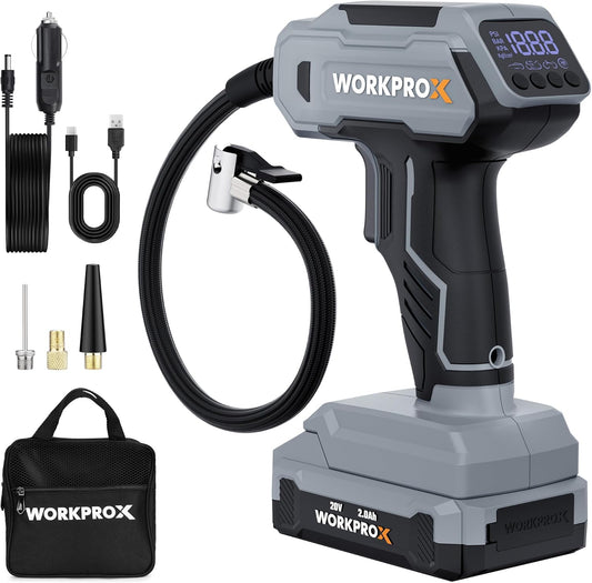 WORKPROX Tire Inflator Portable Air Compressor, 150 PSI Cordless Car Tire Pump with Digital Pressure Gauge, Fast Inflation, Rechargeable Battery & 12V DC Power, for Cars, Motorcycles, Bikes, Balls