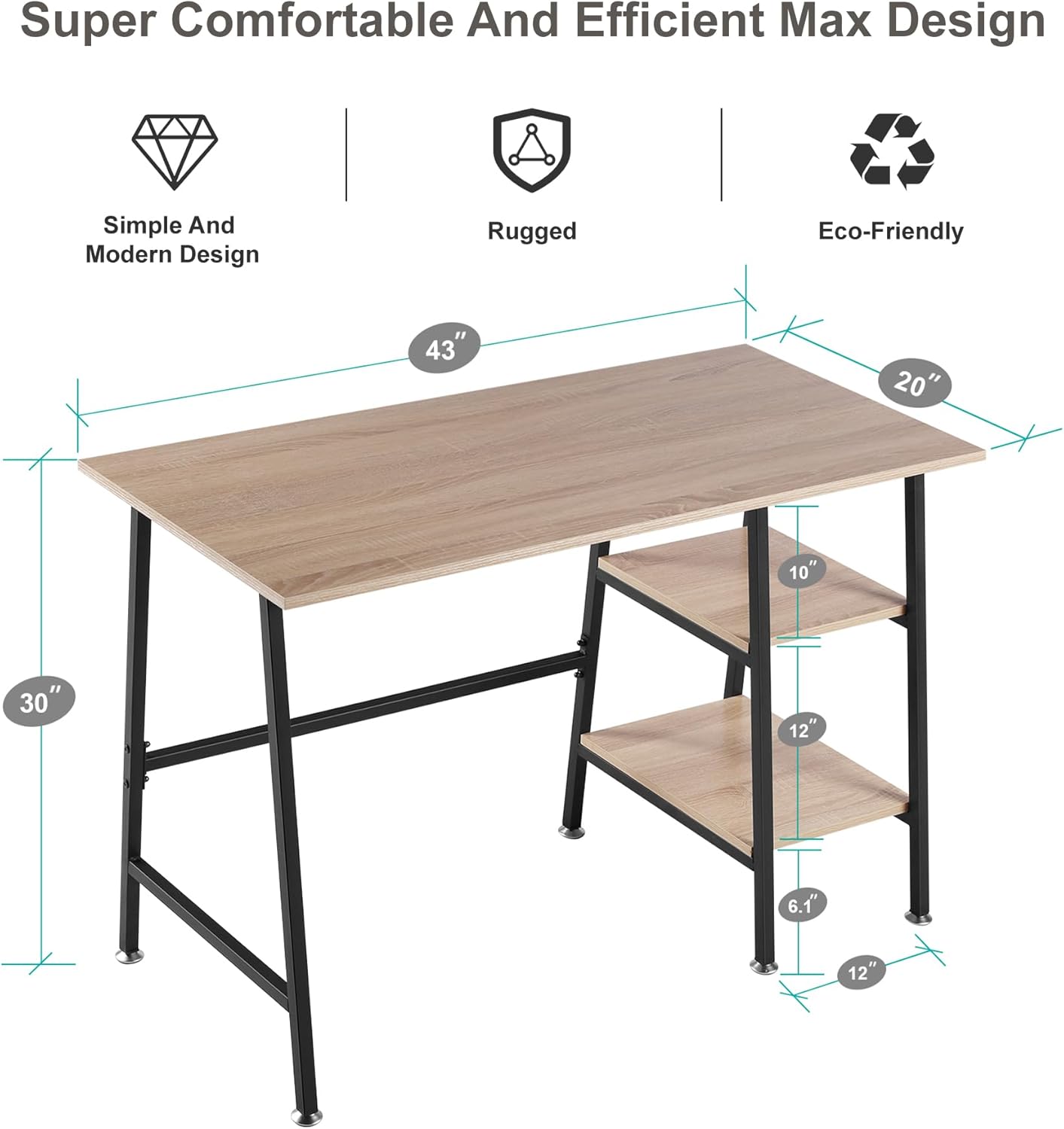 VECELO 43 Inch Writing Desk Home Office, Home Office Study Tables with 2 Tier Storage Shelves Eiton Left or Right Side, Simple Industrial Style with Adjustable Feet and Water Proof Surface, Oak Desk