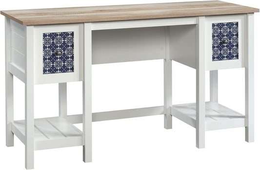Sauder Cottage Road Computer Desk with Drawers and Storage Shelves, Small Study Desk, in Soft White and Decrotive Tile Pattern