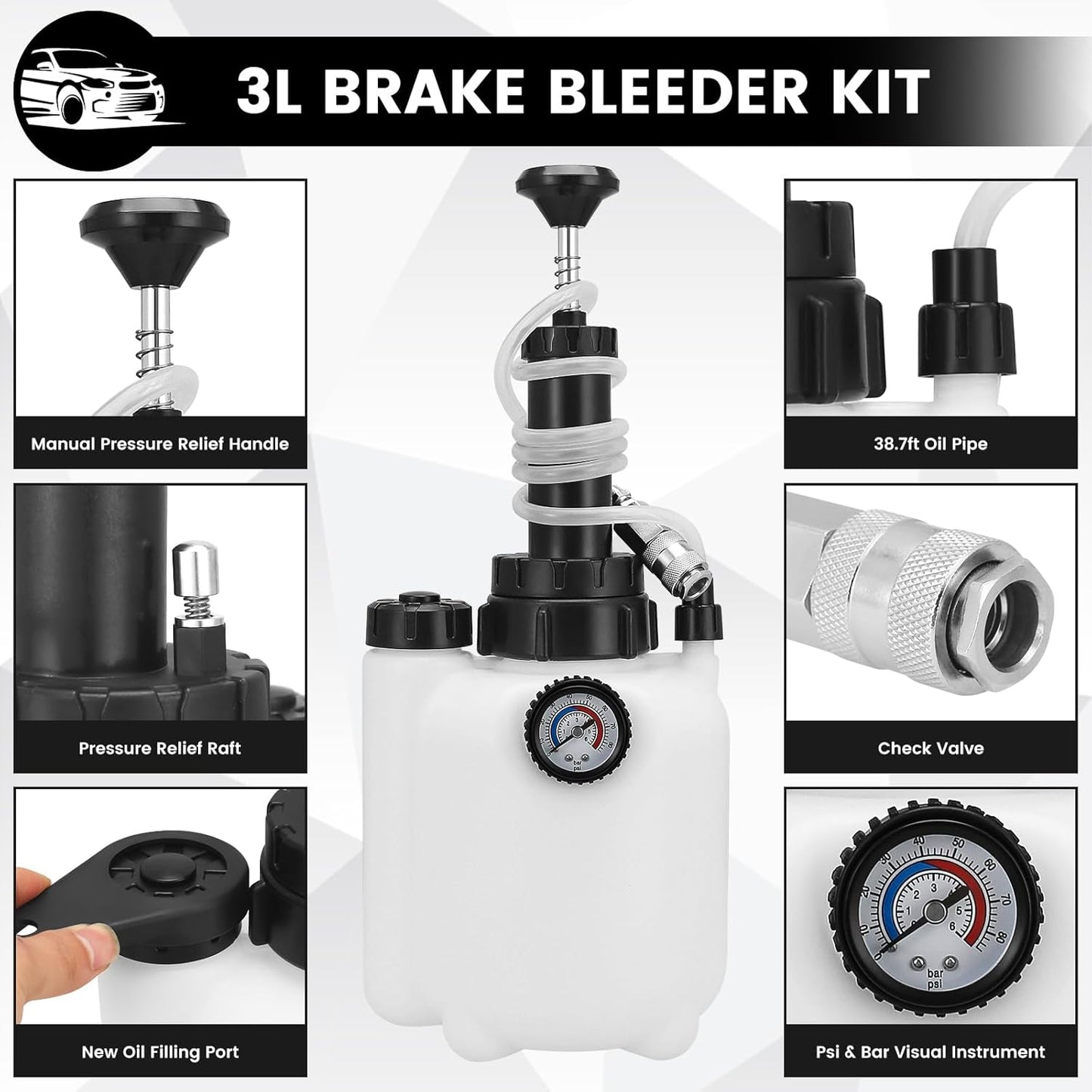 3L Brake Bleeder Kit, Brake Bleeder Vacuum Pump Kit, Pneumatic Braking Hemorrheder Kit, One Man with 1L Brake Hemorrrheder Bottle, 2 Brake Hoses and 4 Master Cylinder Adapters (Black)