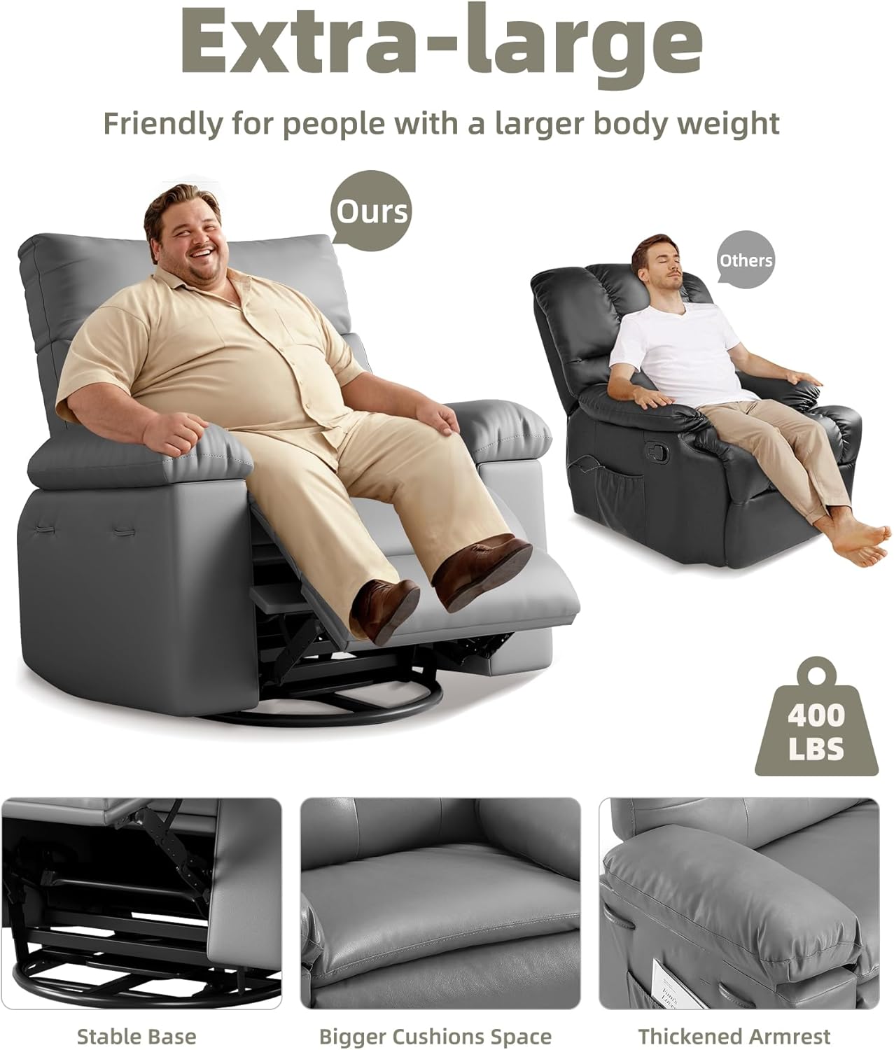 27" Oversized Recliner Chairs with Heat and Massage - 360° Swivel Lazy Recliner Chair for Adults- Manual Rocking Chair with Remote Control for Living Rooms, Bedrooms and Nurseries - Grey