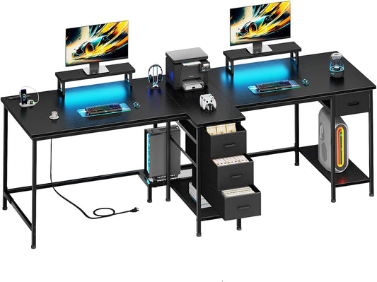 93 Inch 2 Person Desk with Power Outlet & LED Light, Extra Long Double Desk with 2 Monitor Stands, Large Home Office Desk for Two People with 4 Adjustable Storage Drawers, Black