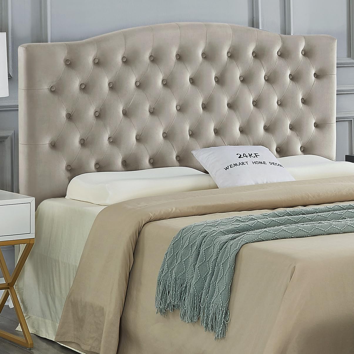 24KF Upholstered Tufted Button Linen Fabric Headboard,Comfortable Fashional Headboard King/CA King Size,Ivory