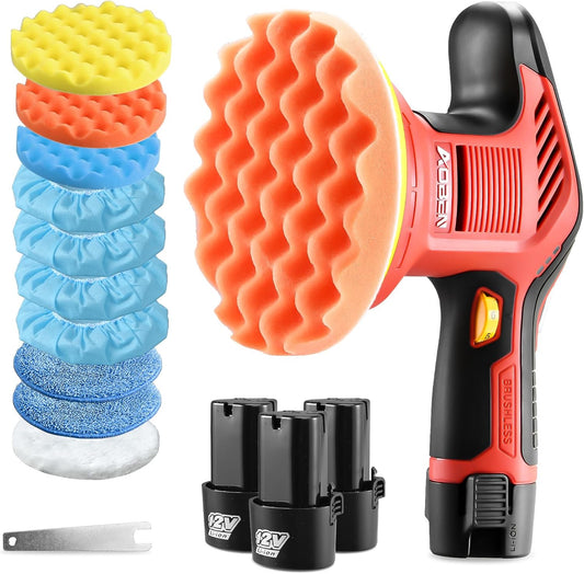 AOBEN Cordless Car Polisher,6 Inch Car buffer Waxer Kit with 3X2000mAh Batteries,6 Variable Speed &10 Polishing Pads,Brushless Cordless Polisher for Car Detailing/Waxing/Polishing/Scratch Removing