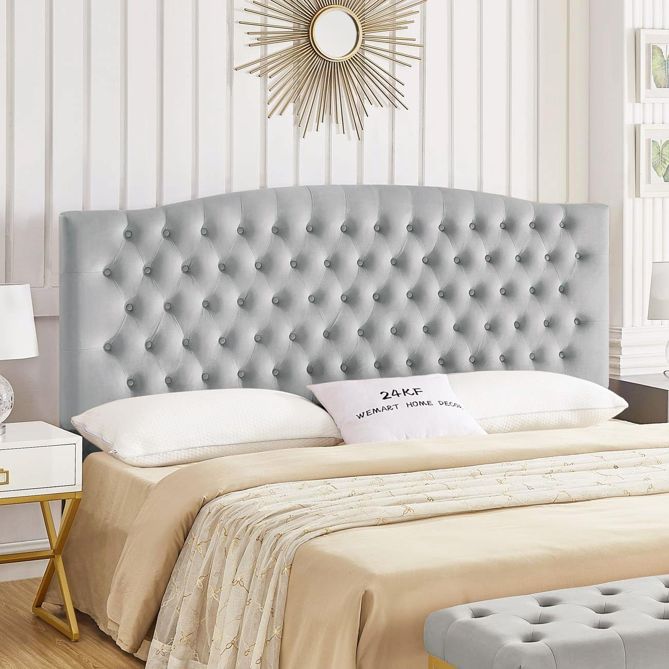 24KF Upholstered Tufted Button Linen Fabric Headboard,Comfortable Fashional Headboard King/CA King Size,Ivory