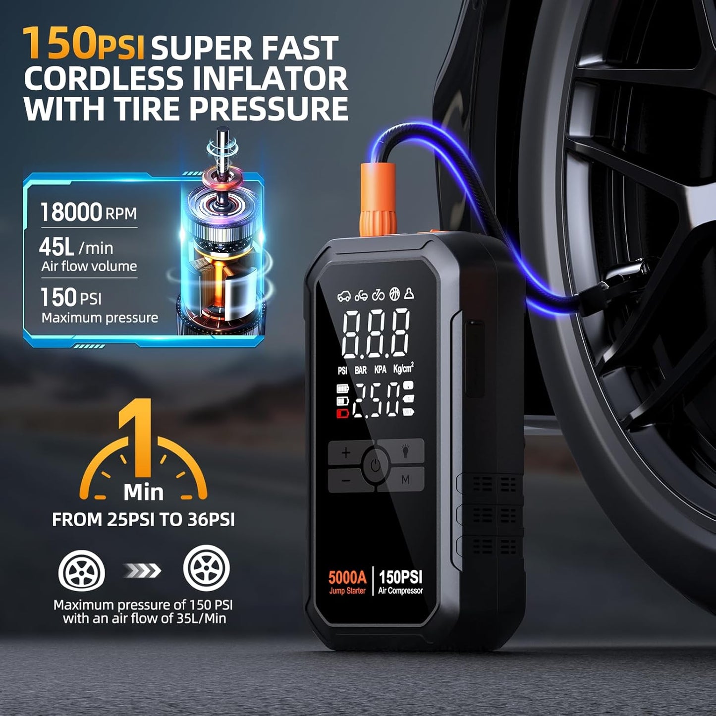 10-in-1 Jump Starter with Air Compressor 5000A 26800mAh 150PSI Portable Car Battery Jump Starter (All Gas/12L Diesel), 12V Jump Box Car Battery Jumper Starter Portable Jumper Cables, Lights