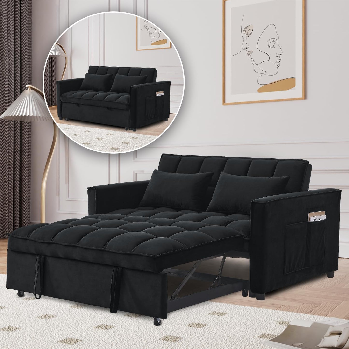 3 in 1 Sleeper Sofa Chair Bed,Velvet Convertible Sleeper Chair,Pull Out Bed Chair with USB Port & Ashtray and Swivel Phone Stand & Storage Pockets,Modern Chair for Living Room