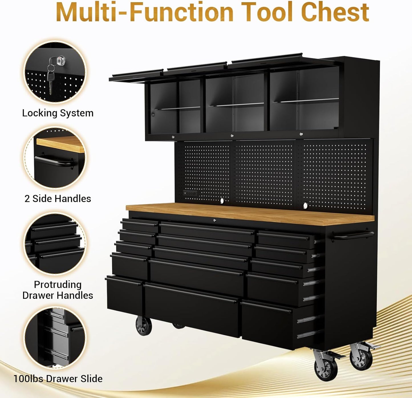 CHETTO C 72-inch Rolling Tool Chest Cabinet Mobile Workbench with 15 Storage Drawers and Wheels 3 Uper Cabinet Outlet SS Pegboard Black Tool Box for Garage