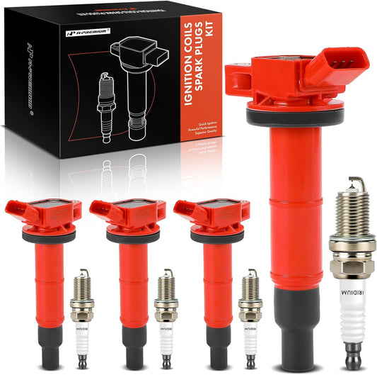 A-Premium (Red) Set of 8 Ignition Coil Pack and Iridium Spark Plugs Compatible with Toyota Camry, RAV4, Corolla, Highlander, Matrix, Solara & Scion tC, xB & Lexus HS250h & Pontiac Vibe, 2.0L 2.4L