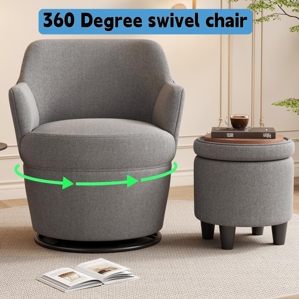 360° Swivel Accent Chair with Ottoman, Lounge Sofa with Nail Trim, Living Room Chairs, Bedroom Chair, Vanity Chair, Swivel Barrel Chair, Gray