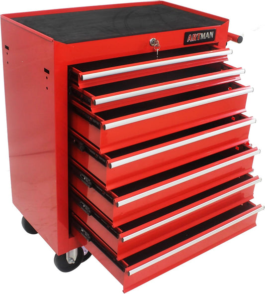 Rolling Tool Chest with 7-Drawer Tool Box with Wheels Multifunctional Tool Cart Mechanic Tool Storage Cabinet for Garage, Warehouse, Workshop, Repair Shop (Red)