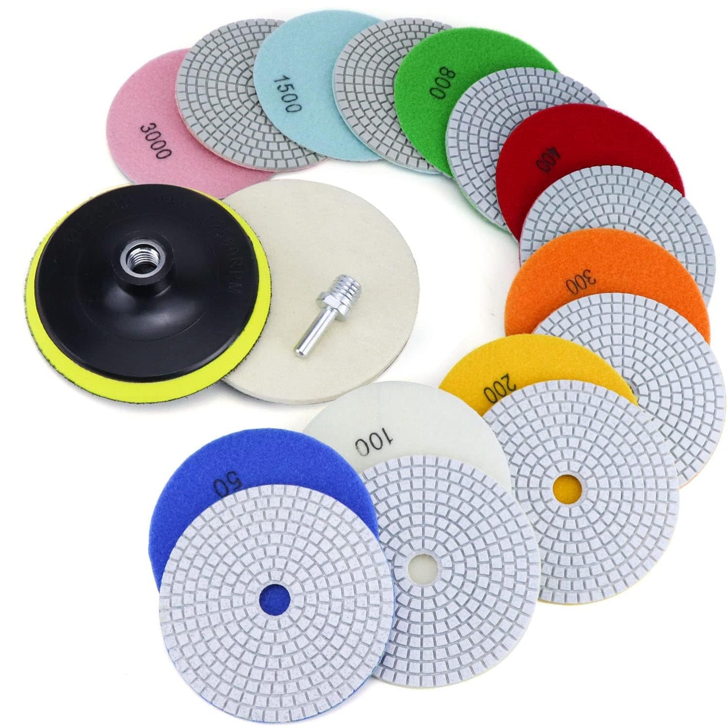 8PCS Diamond Polishing Pads 7 Inch, Wet/Dry Concrete Polish Tools Kit for Drill, Grinder, Polisher, 50-3000 Grit Polishing Set for Marble Granite Quartz Stone