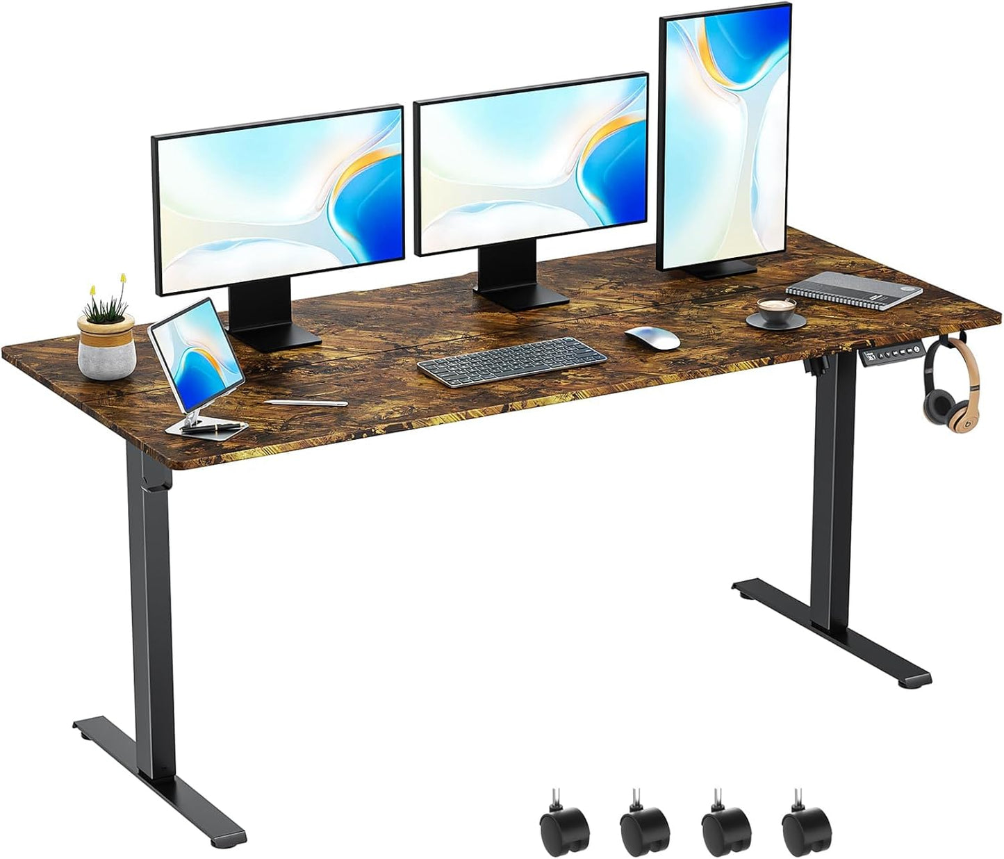 63 x 28 Inch Electric Standing Desk Adjustable Height,Sit Stand Up Desk with Wheels,Home Office,Rising Desk,Computer Workstation, Gaming Work (Spliced Desktop,White)