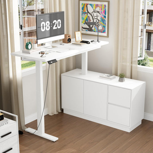 54.3" L Shaped Electric Standing Desk with File Cabinet, Height Adjustable Stand up Desk with Drawers, Home Office Computer Gaming Table, White