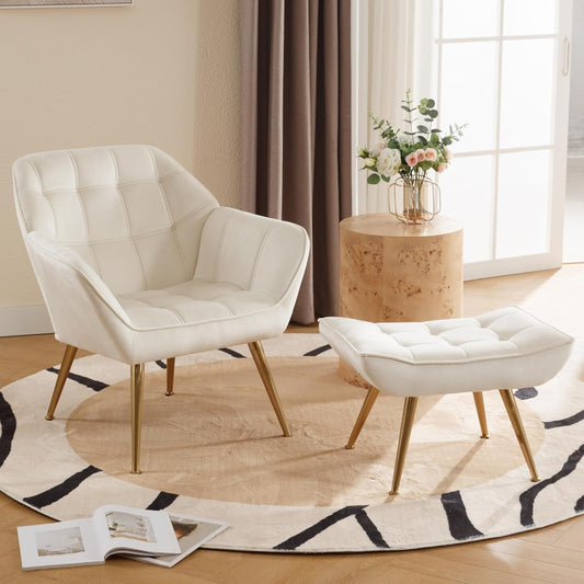 Accent Chair with Ottoman, Upholstered Velvet Armchair with Wood Legs Fluffy Armchair Side Chair Sofa Chair Reading Chair Living Room Chair with Footstool for Bedroom Apartment, Cream