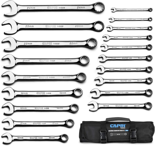 Capri Tools MaxChrome Combination Wrench Set, 6 to 24 mm, 19-Piece with Heavy-Duty Canvas Pouch