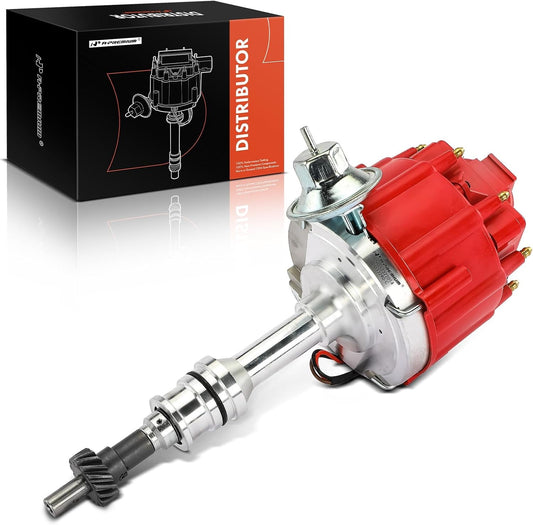 A-Premium Ignition Distributor with Cap and Rotor Compatible with Ford 351C 351M 400 429 460 HEI Distributor 7500 RPM 65K Coil, Red
