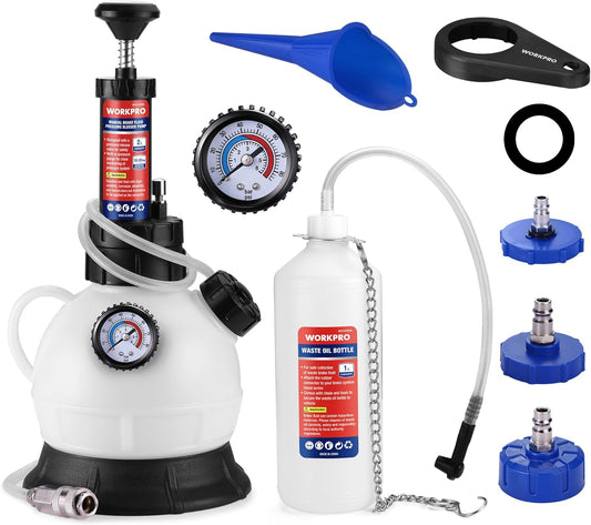 WORKPRO 2L Manual Brake Bleeder Kit, One Person Brake Fluid Vacuum Pump with 1L Brake Bleeder Bottle, 3 Master Cylinder Adapters & Funnel, Professional Brake Bleeding Tool for Most Vehicles