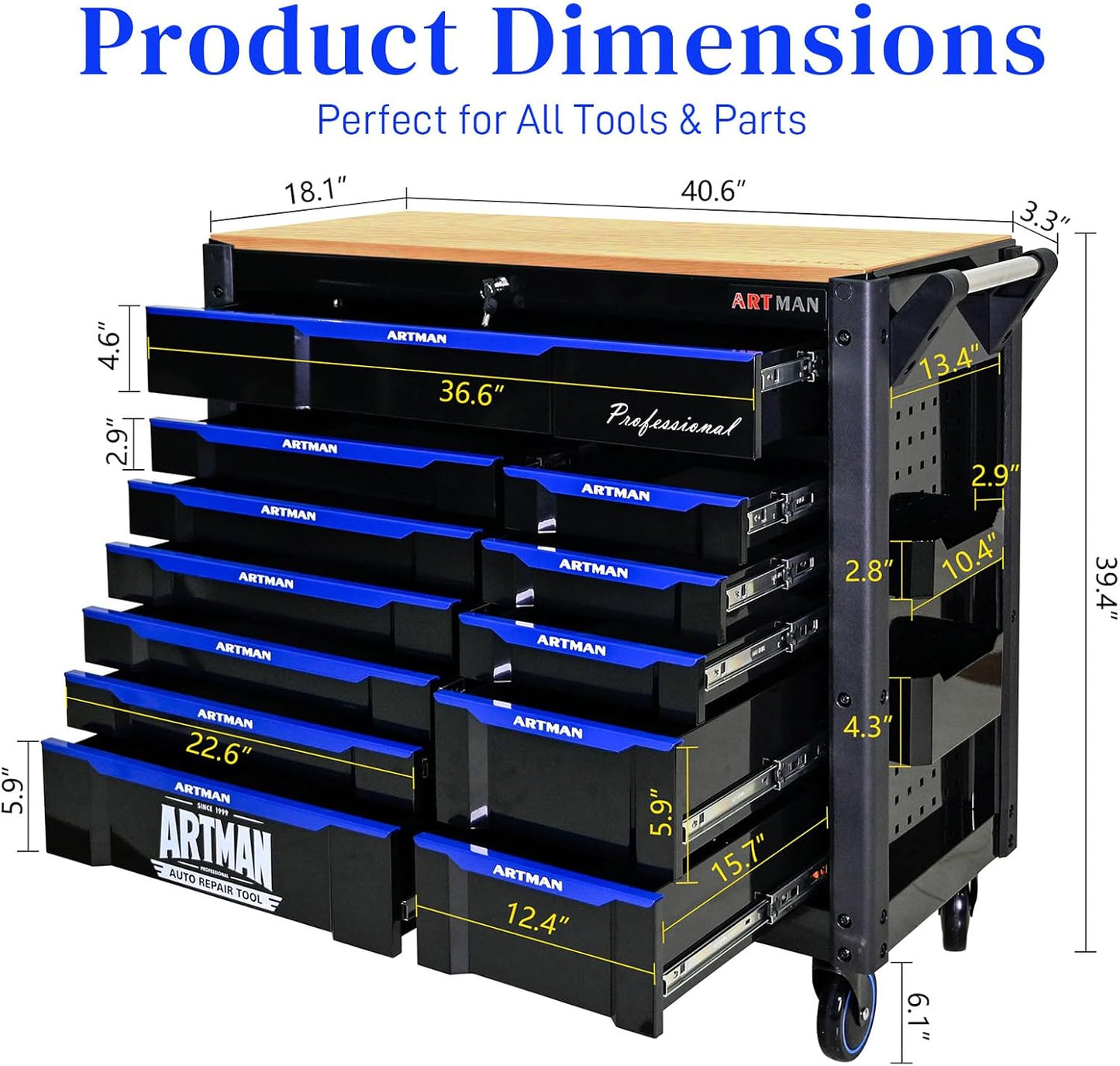 Rolling Tool Chest on Wheels, Heavy Duty Metal Tool Cabinet Chest with 12 Drawers, Wooden Workbench Top, Large Tool Cart for Warehouse, Garage, Workshop, Repair Shop, Tool Organizer Chest