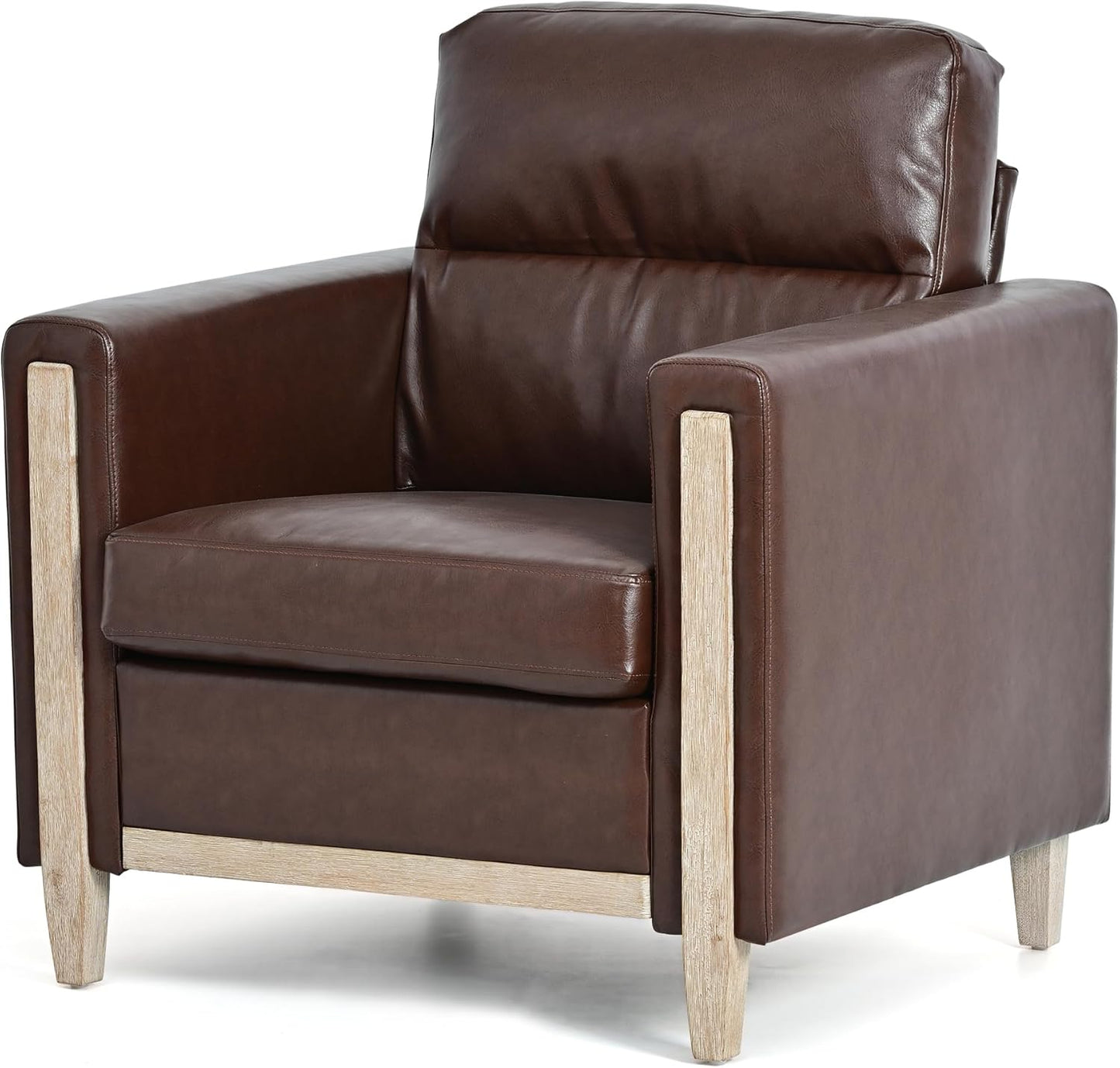 Christopher Knight Home Aurla Accent Chair, Uphostered Club Chair, Armchair with Wood Legs, Faux Leather Single Sofa, Comfort Seating 1 Seater Sofa Chair for Living Room Reading Room Bedroom, Brown