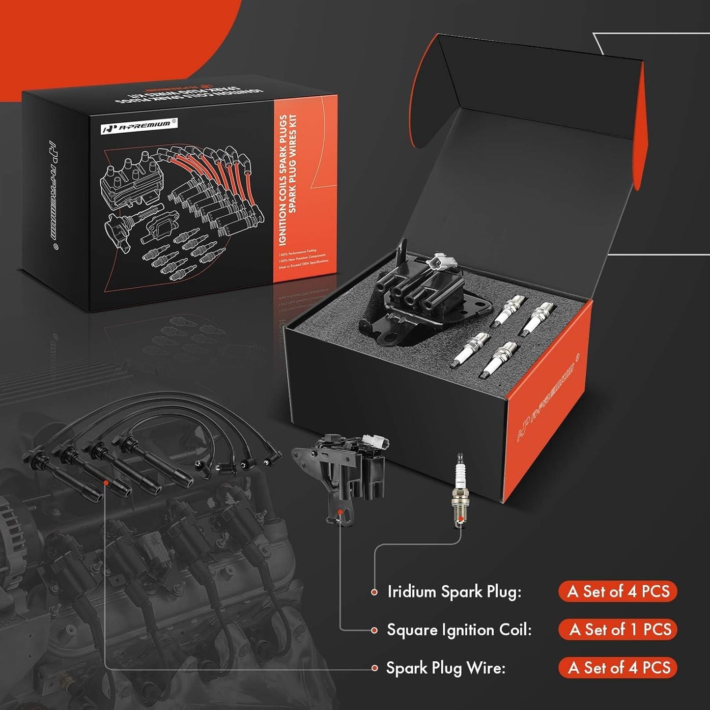 A-Premium 1 Ignition Coils with 4 Wire and 4 Iridium Spark Plugs Compatible with Hyundai Elantra 2001-2002 2.0L