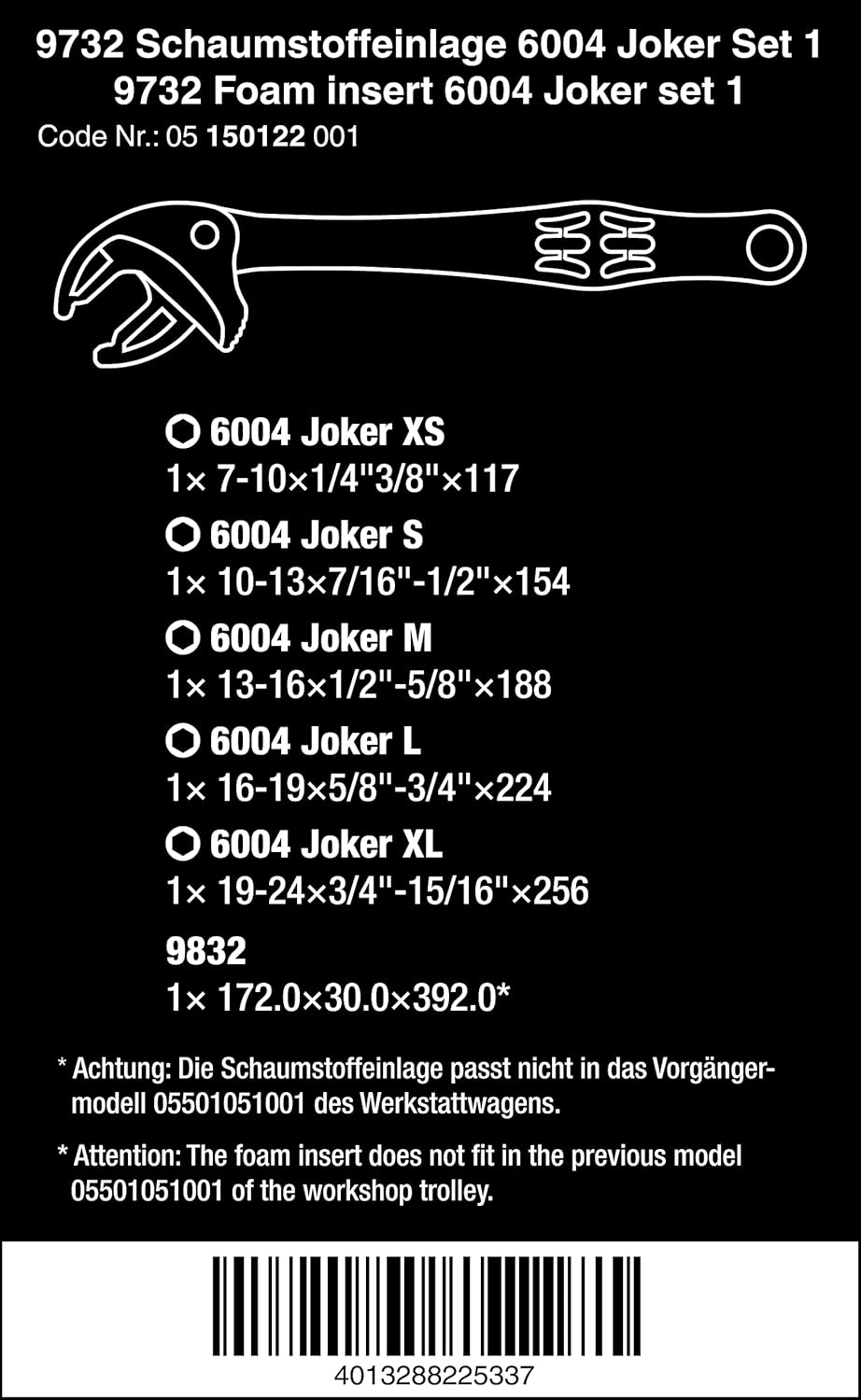 Wera 05150122001 9732 Foam Insert 6004 Joker Set 1, 5 Pieces, Chrome, Matte
