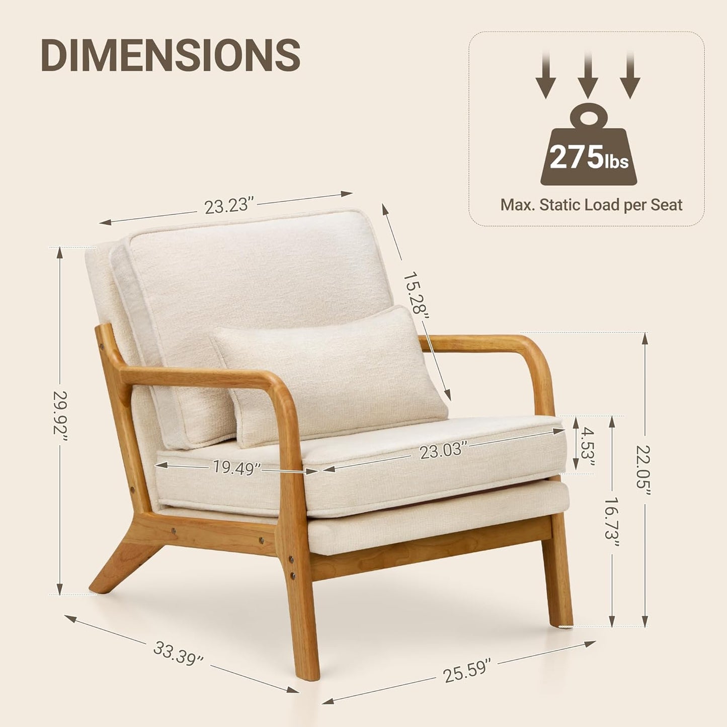 COLAMY Mid Century Modern Accent Chair Set of 2 with Lumbar Pillow, Relaxing Armchair with Solid Wood Frame & Soft Cushion, Reading Leisure Chair for Living Room（Beige）