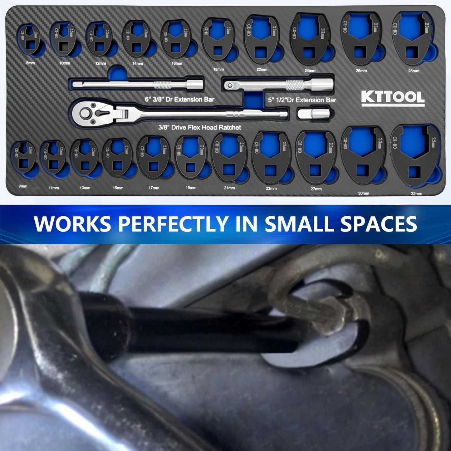 25Pcs Crows foot Wrench Set 1/2" and 3/8” Drive Flare Nut Crowfoot Wrench Set Metric 8-32mm 6 Point Crows Feet Wrench