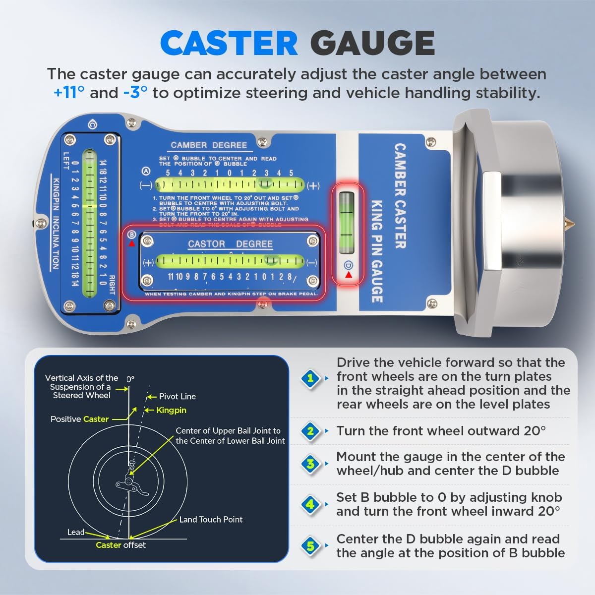 Camber Caster Gauge with Kingpin Inclination, 3-in-1 Pro Wheel Alignment Tools Automotive Magnetic Caster Camber Alignment Tool Precise Strut Wheel Hub Alignment Kit for Car Truck RV Tire Repair