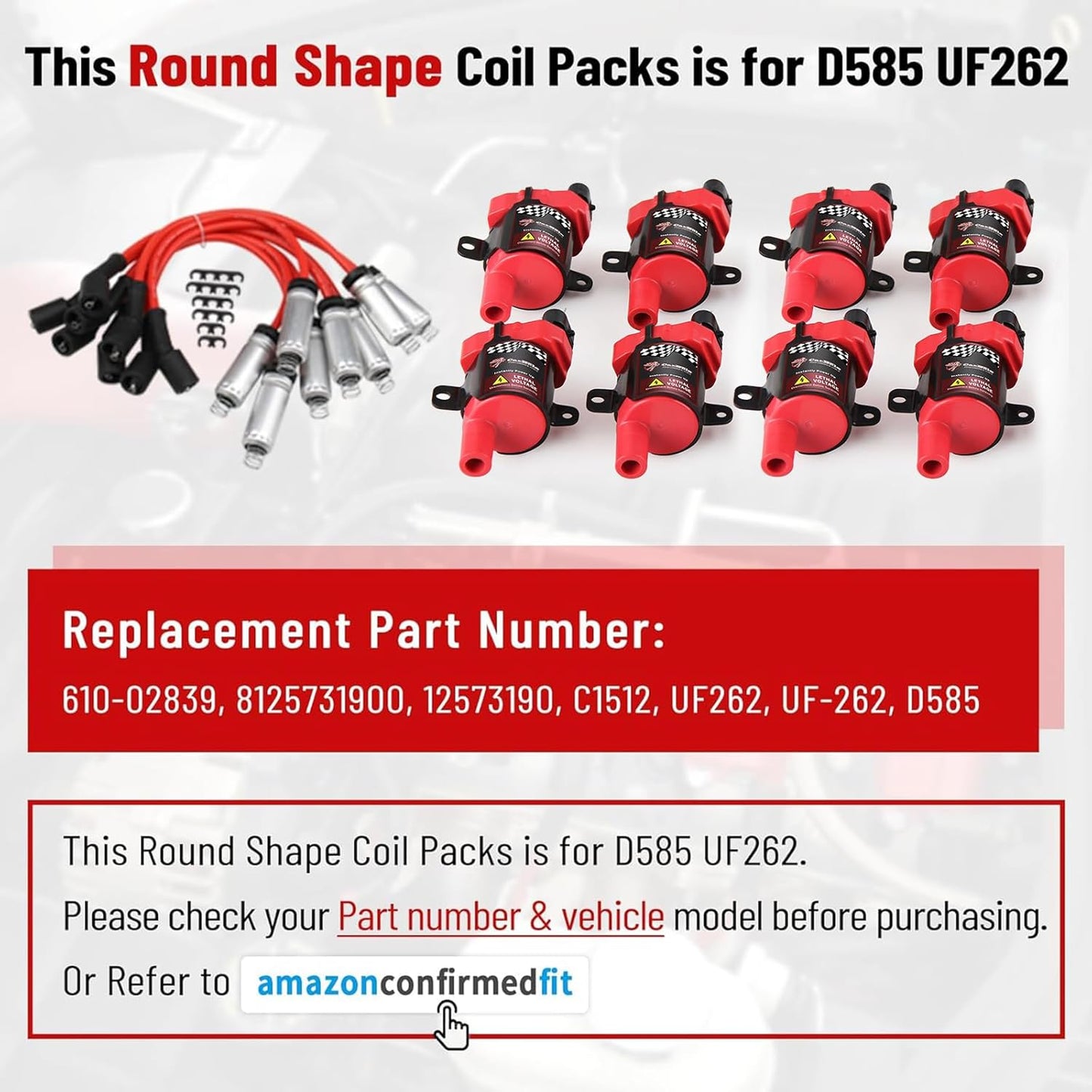 CarBole Round D585 UF262 Ignition Coils and 748UU 8mm Spark Plug Wires Set, Fit For Chevy Silverado LS1 LS3 4.8 5.3L Chevrolet GMC 4.8L 5.3 5.7 6.0, Pack of 8pcs (Round Coils)