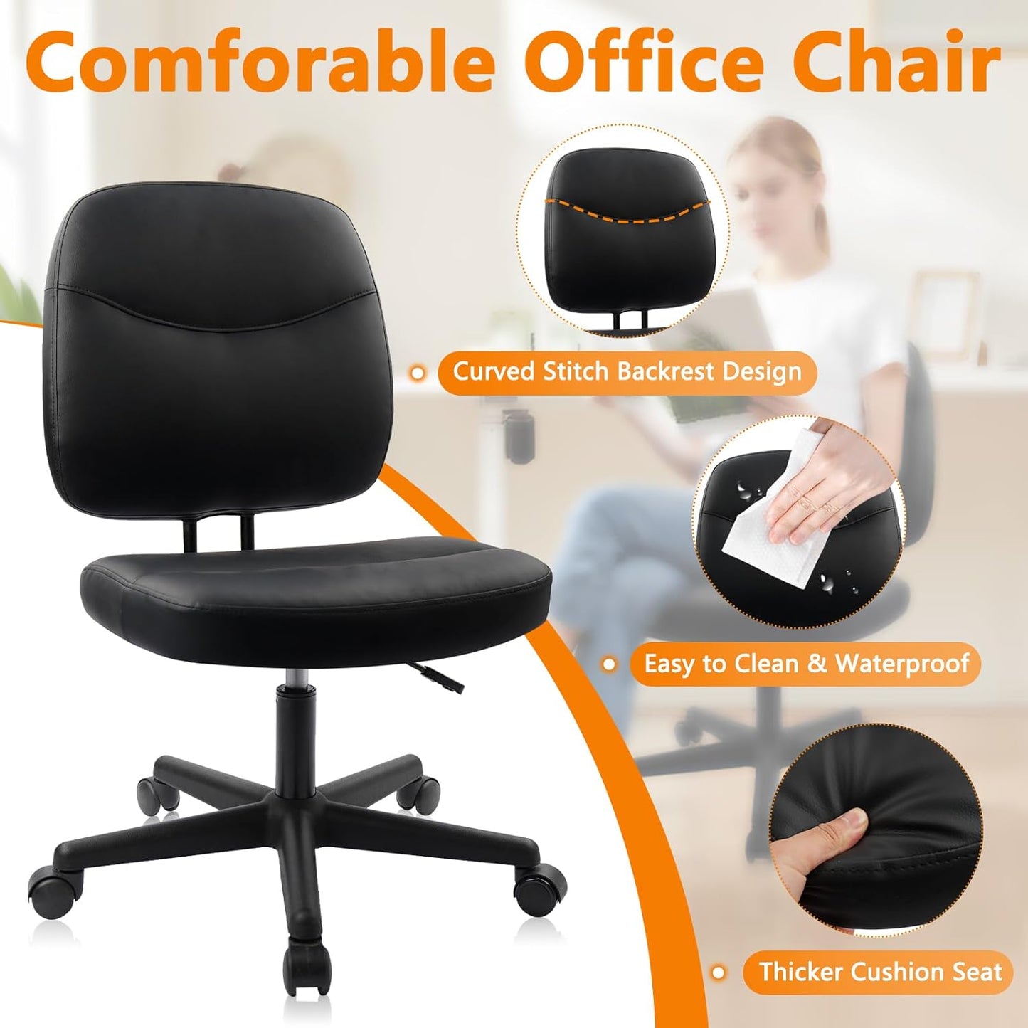 CLATINA Armless Home Office Chair,Small PU Leather Ergonomic Low Back Desk Chair with Lumbar Support and Wheels, Adjustable Height 360° Swivel Rolling Computer Task Chair, Black, 8 Pack